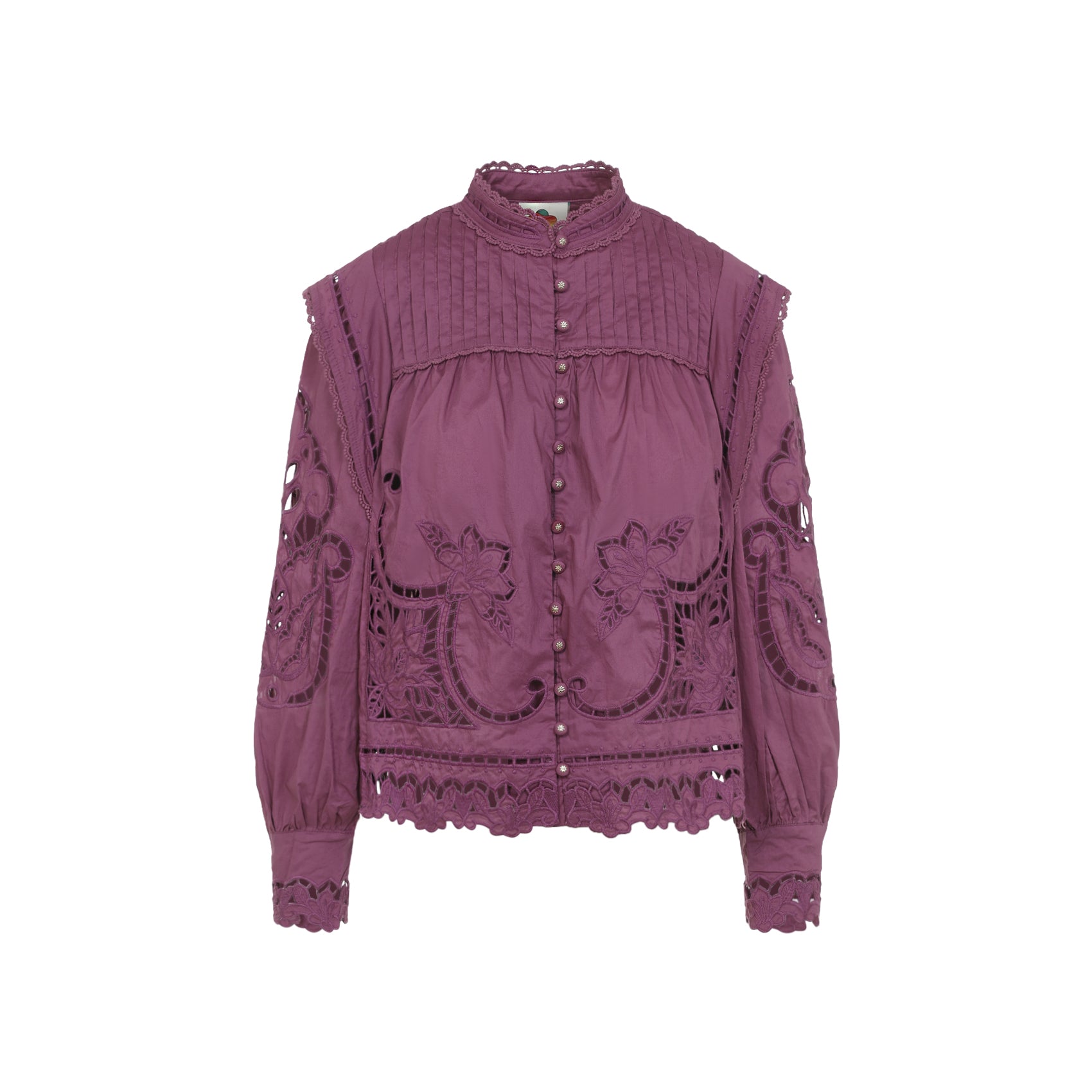 Lace-Embellished Purple Cotton Long-Sleeved Top