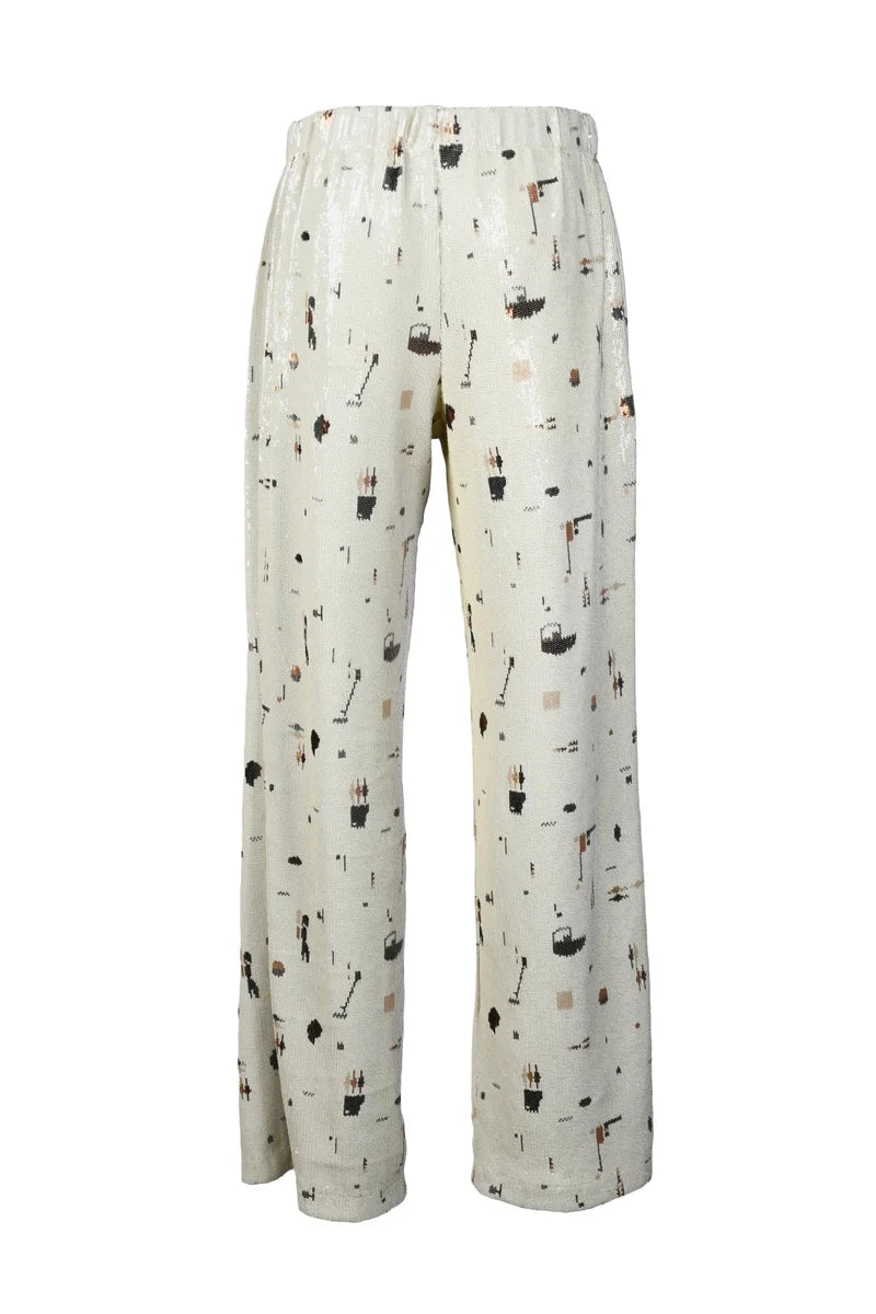Sequin High-Waisted Trousers - Cream