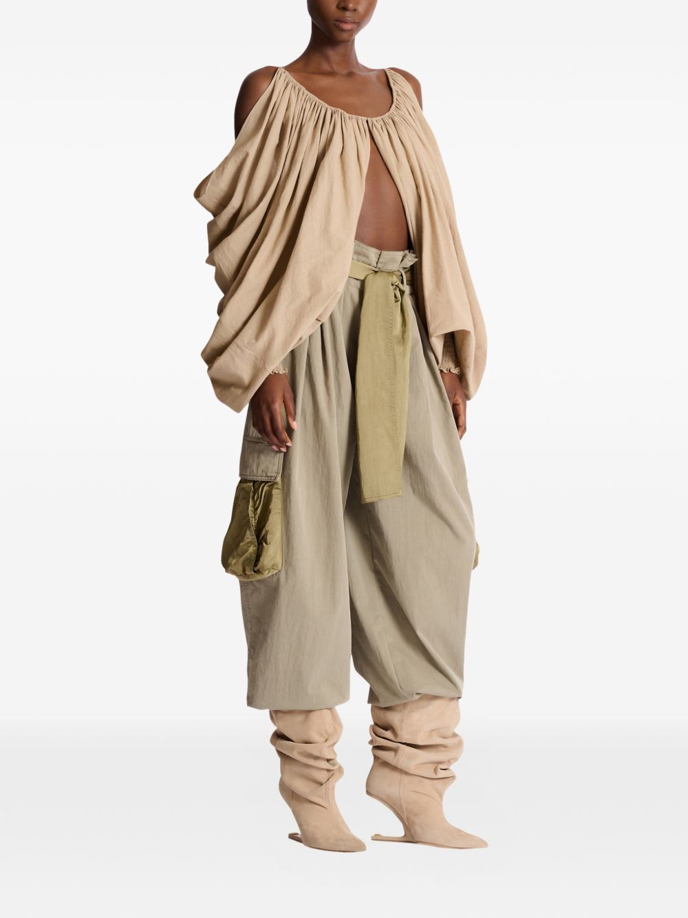 Beige Gathered Cut Out Cotton Top