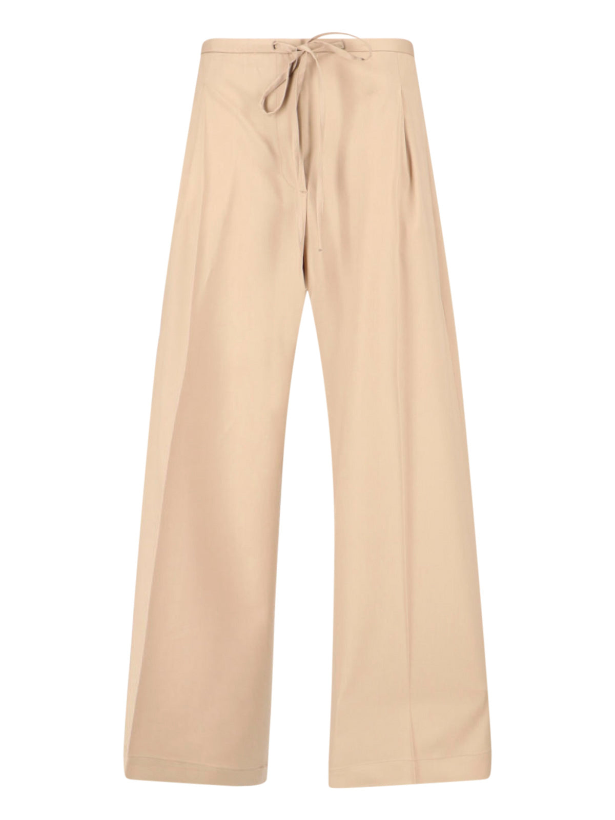 Beige Wide-Leg Virgin Wool Drawstring Trousers
