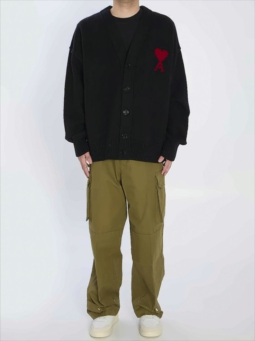 V-Neck Button-Down Wool Cardigan with Heart Embroidery