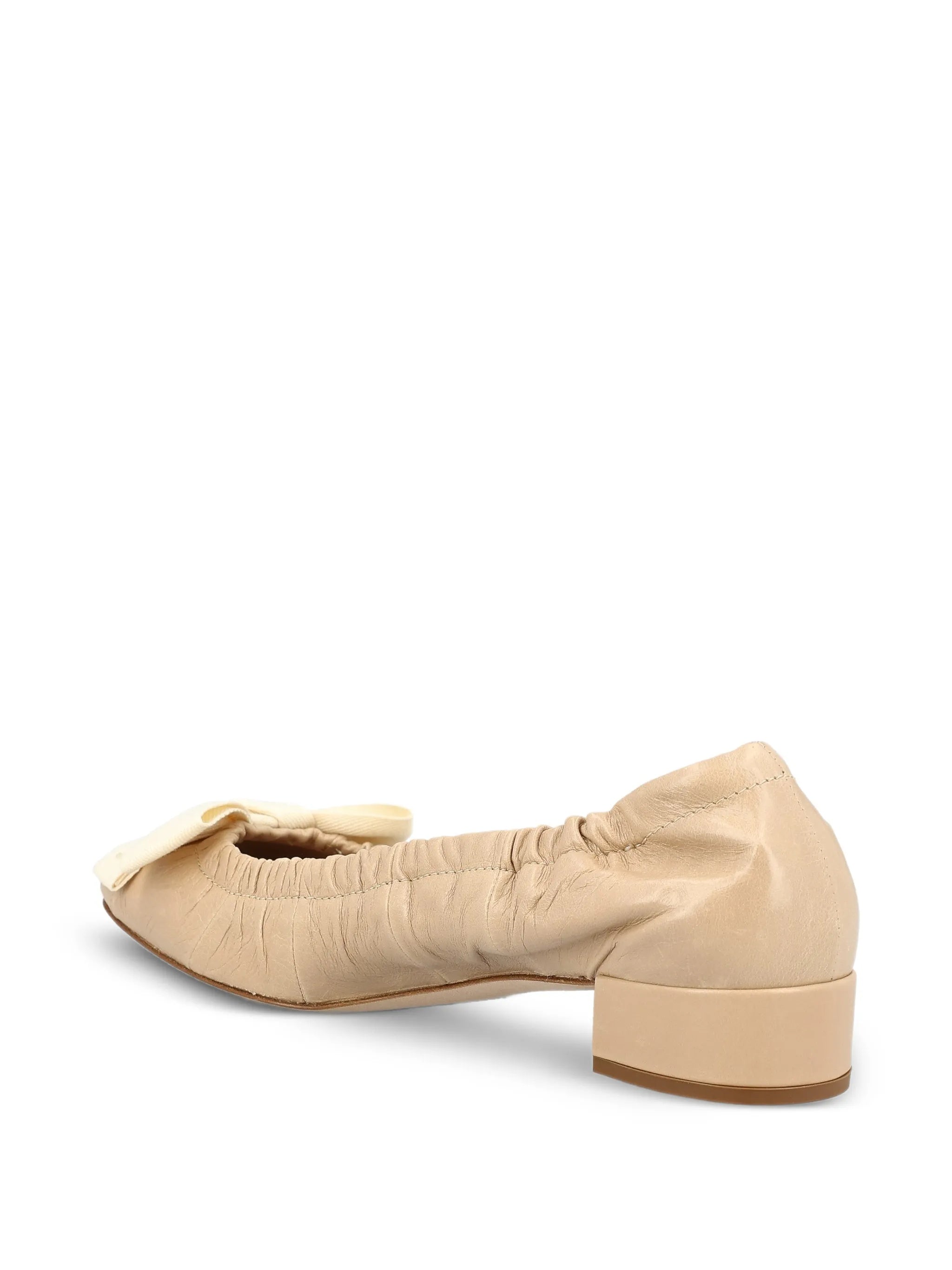 Beige Decolette Ruched Leather Flats
