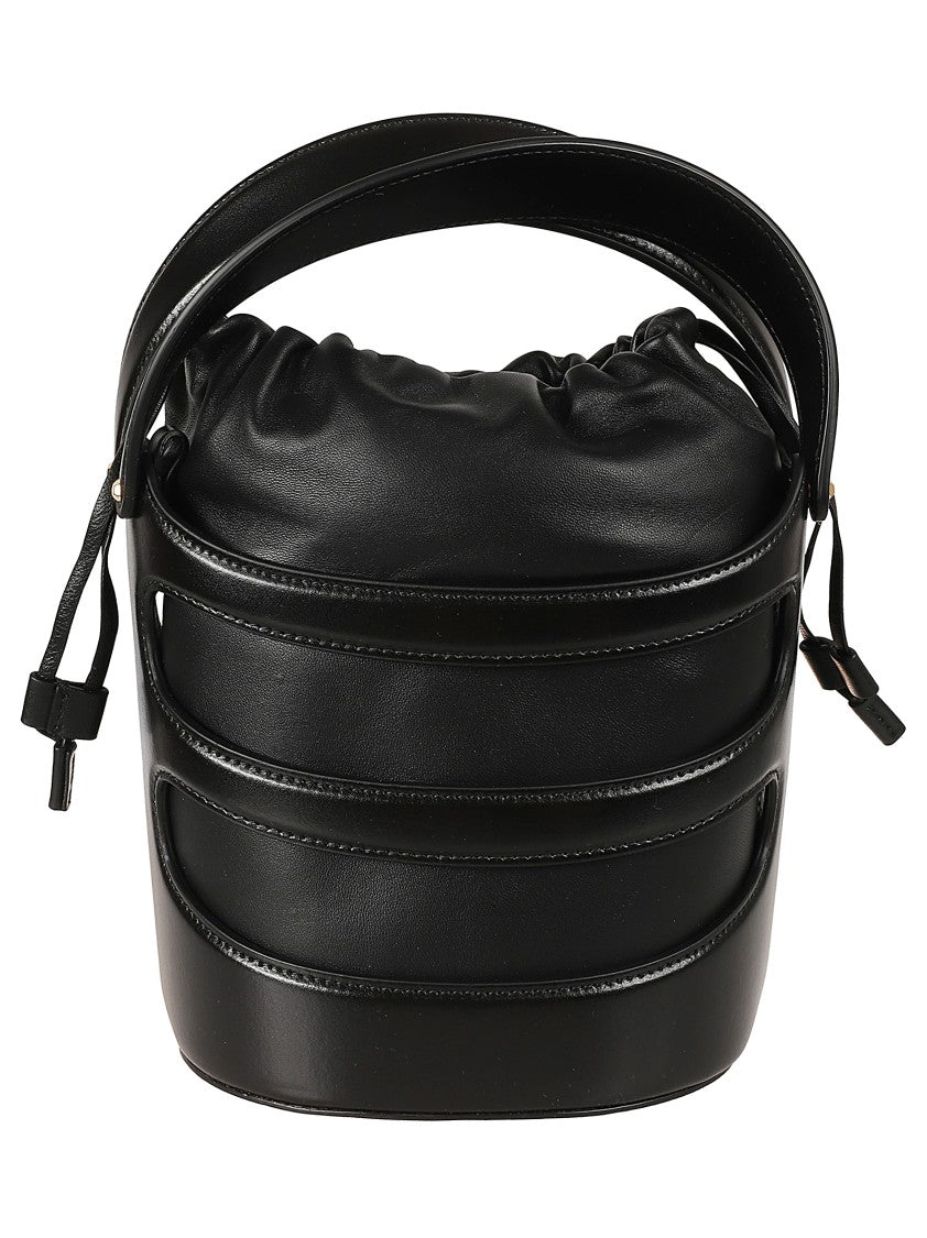 Structured Black Leather Bag With Drawstring Closure
