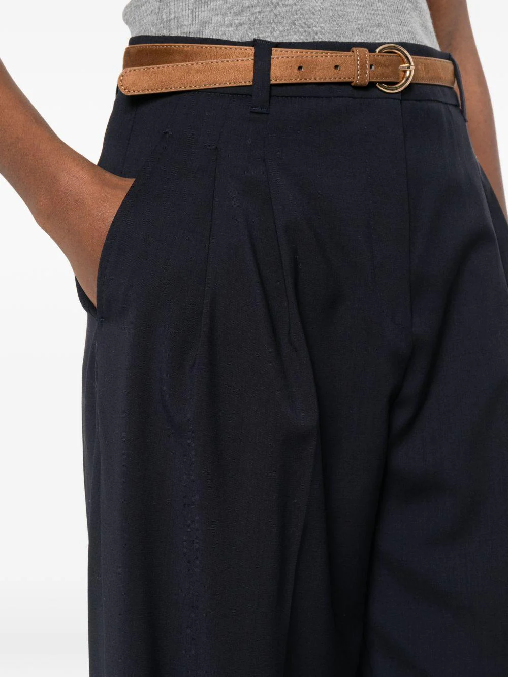 Pleated High-Waist Wide-Leg Trousers with Slim Belt