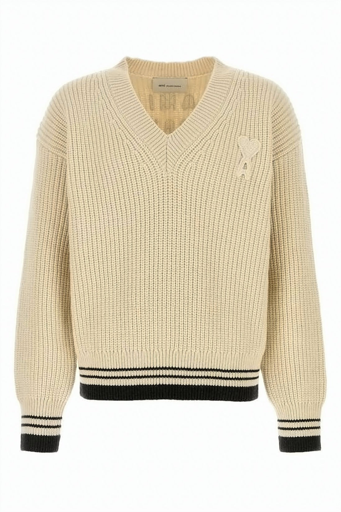 V-Neck Ribbed Knit Sweater with Contrast Cuffs