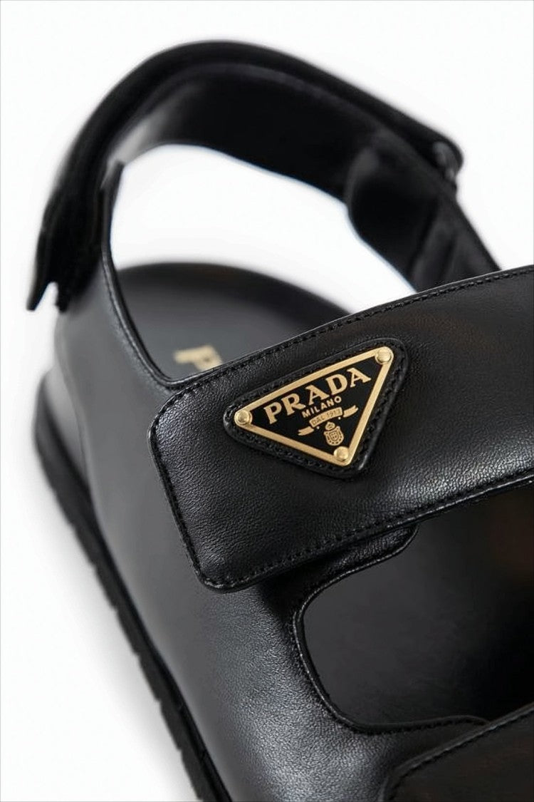 Black Leather Sandals With Adjustable Straps And Metal Logo