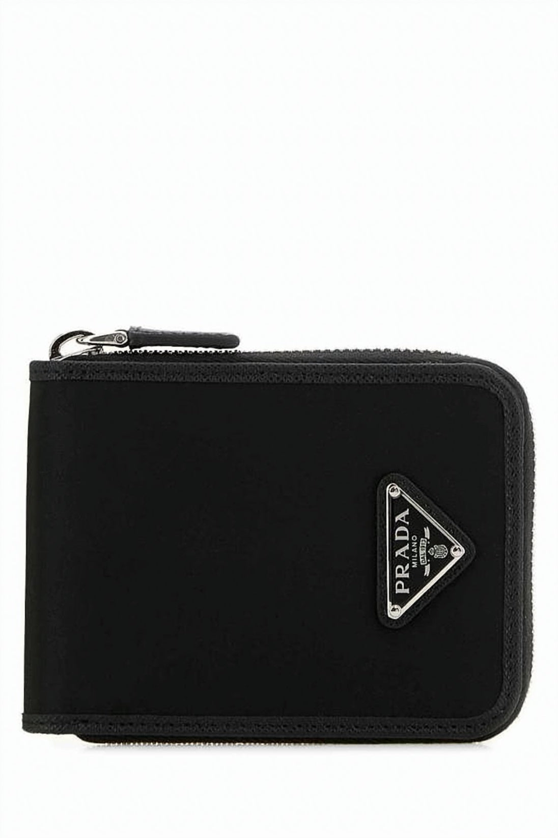 Compact Black Fabric and Leather Wallet with Triangular Logo