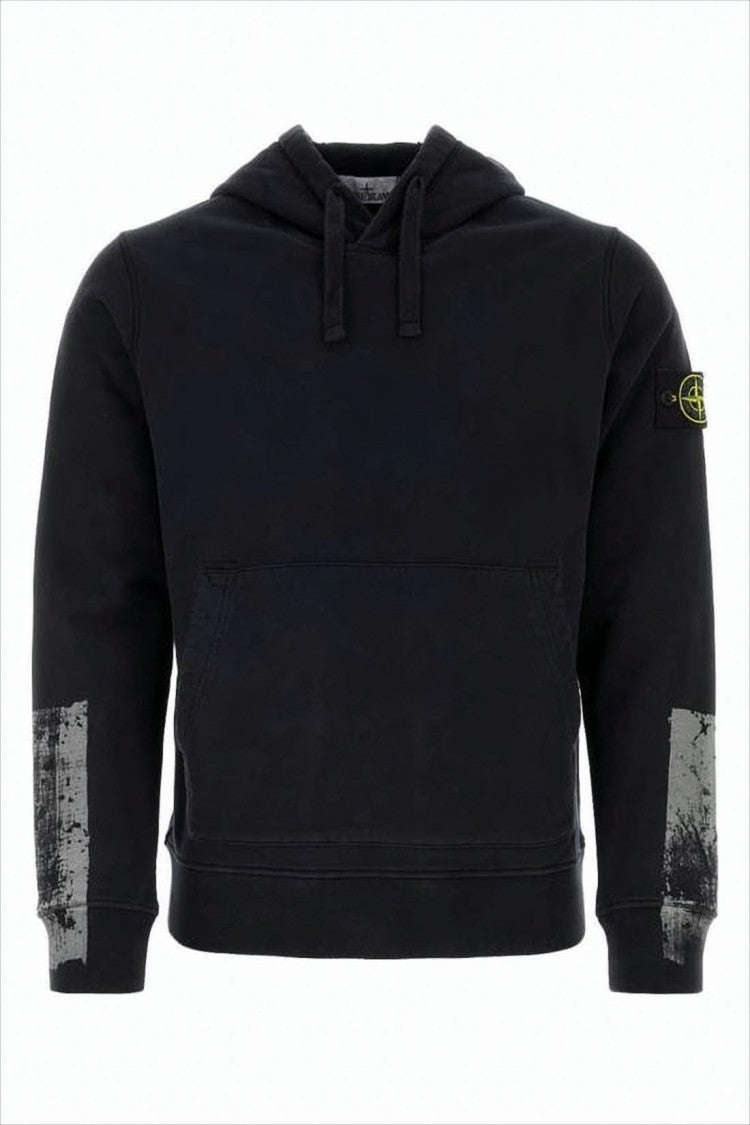 Cropped Black Hooded Sweatshirt with Unique Paint-Like Accents