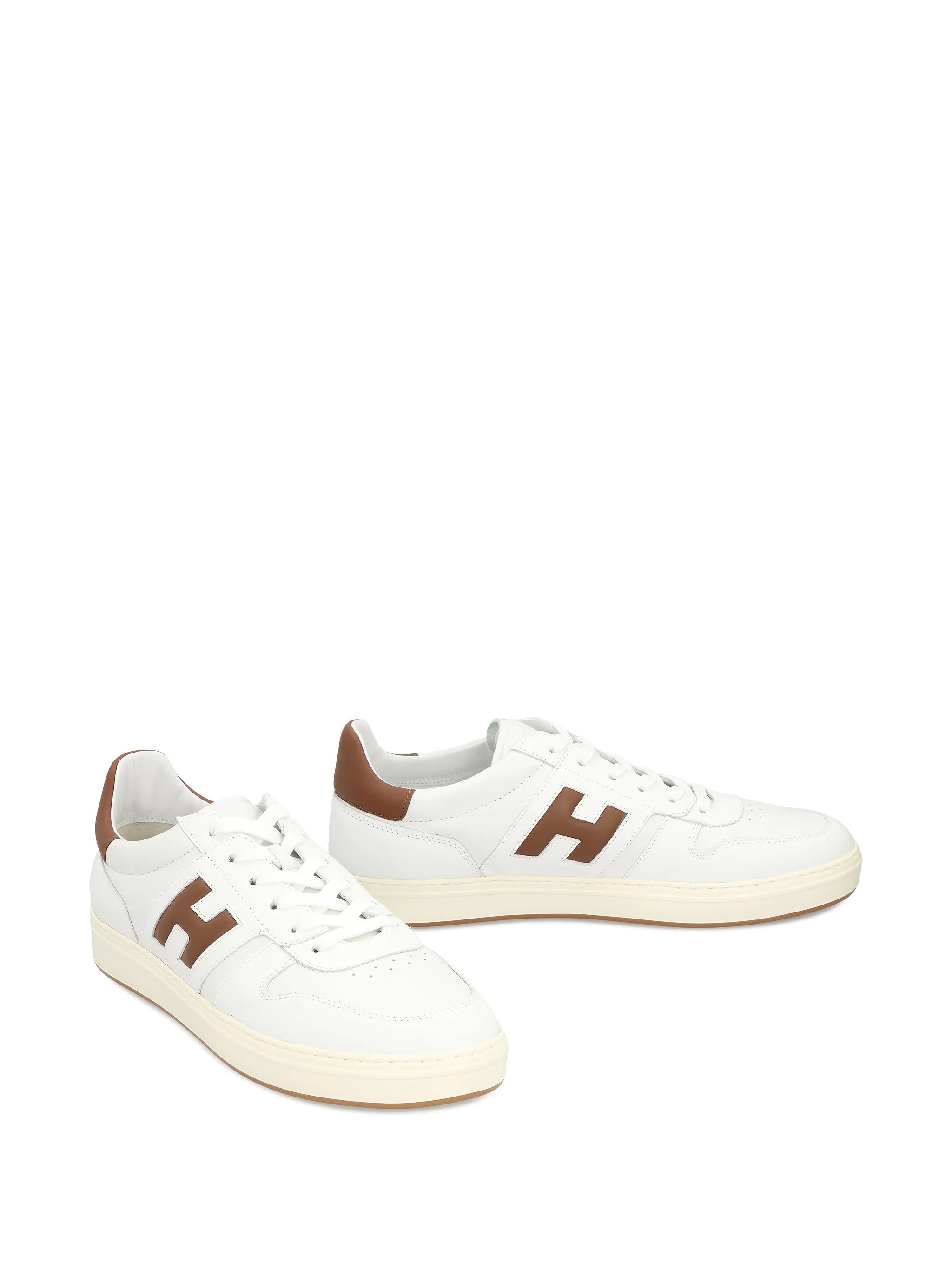 White Low-Top Brown Accent Logo Sneakers