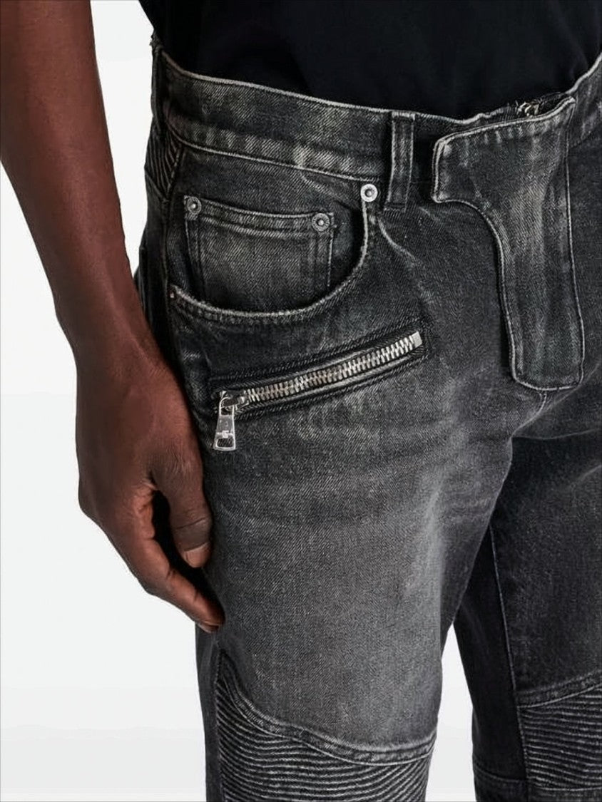 Slim Fit Distressed Denim Pants with Ribbed Detailing