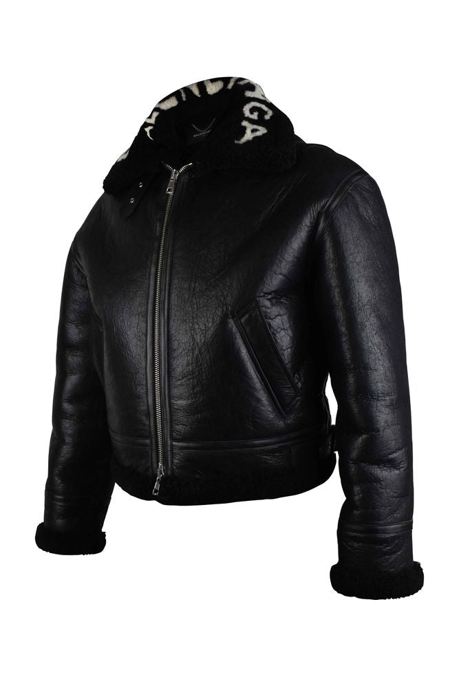 Shiny Black Leather and Wool Bomber