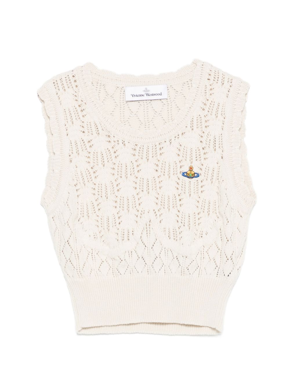 Cream Openwork Knit Logo Sleeveless Top