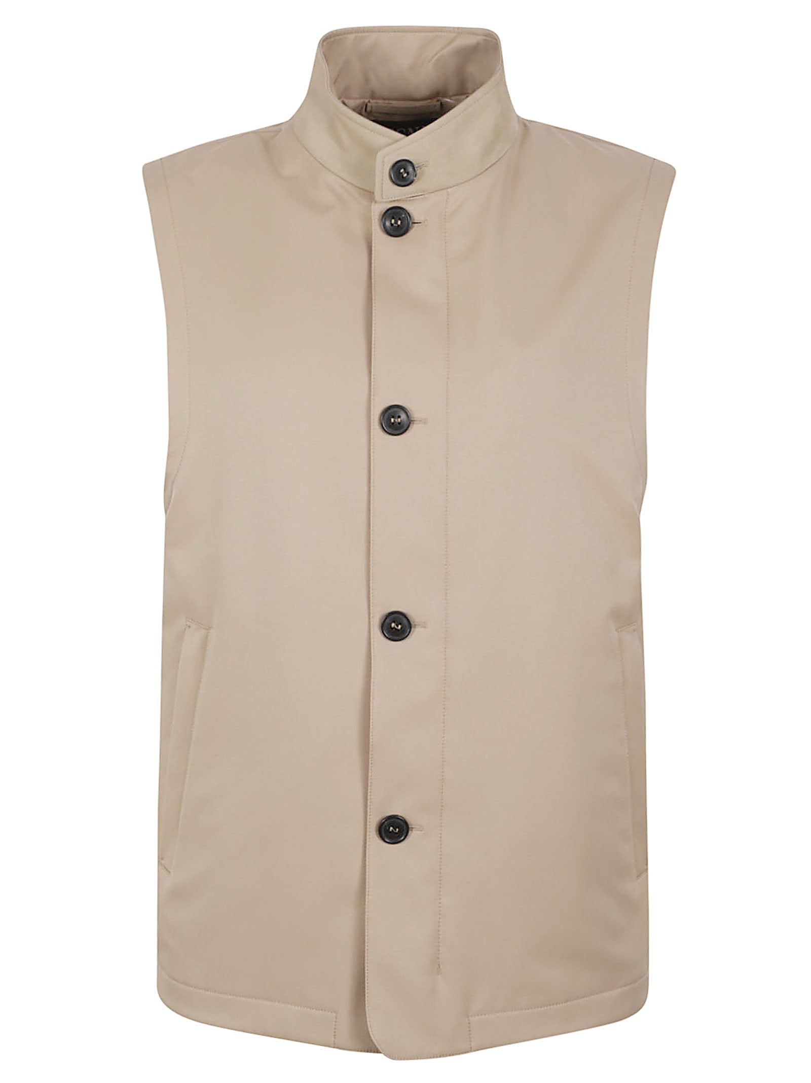 Sleeveless High Stand Collar Jacket with Button Closure