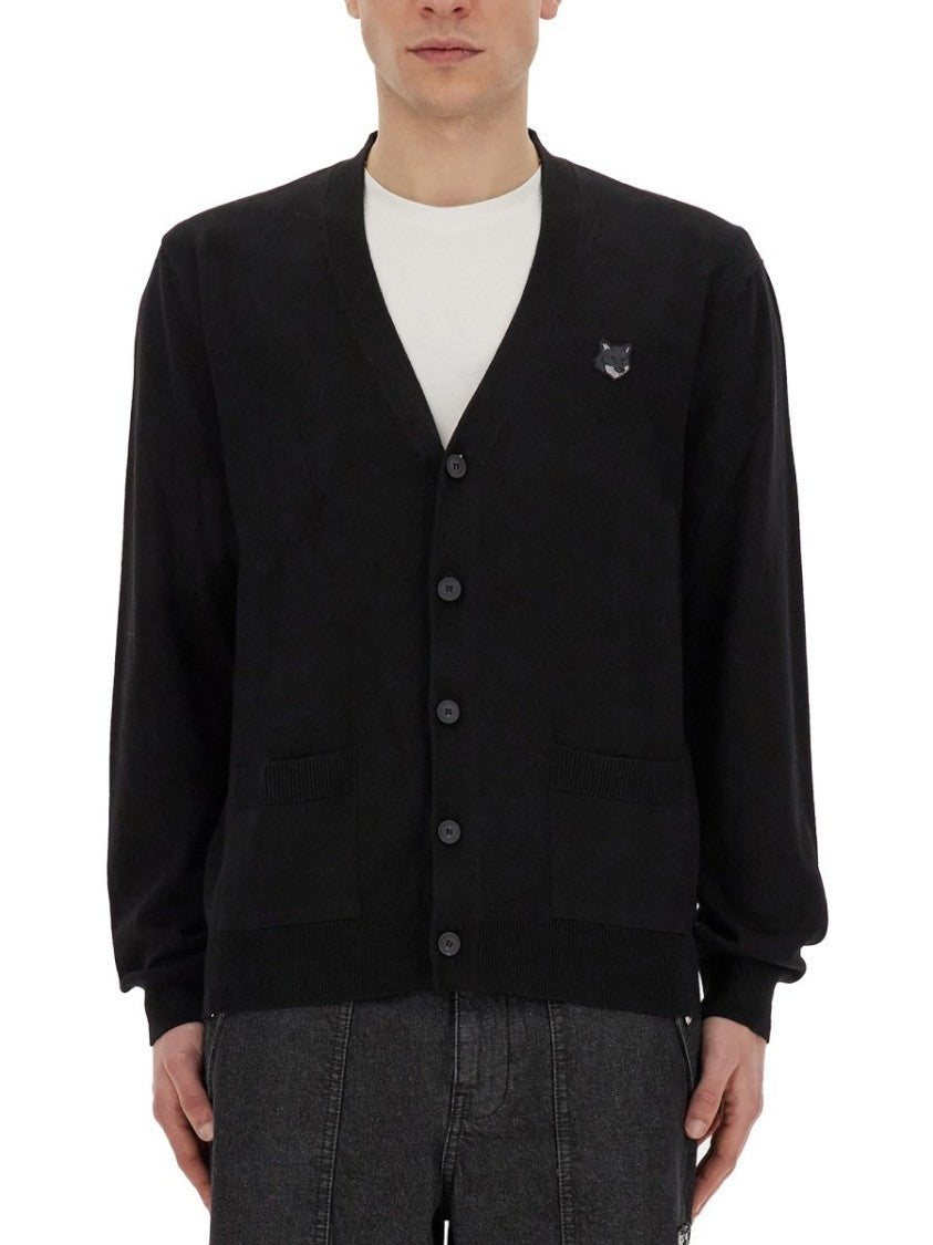 Black Wool Cardigan With V-Neckline And Embroidered Fox Emblem