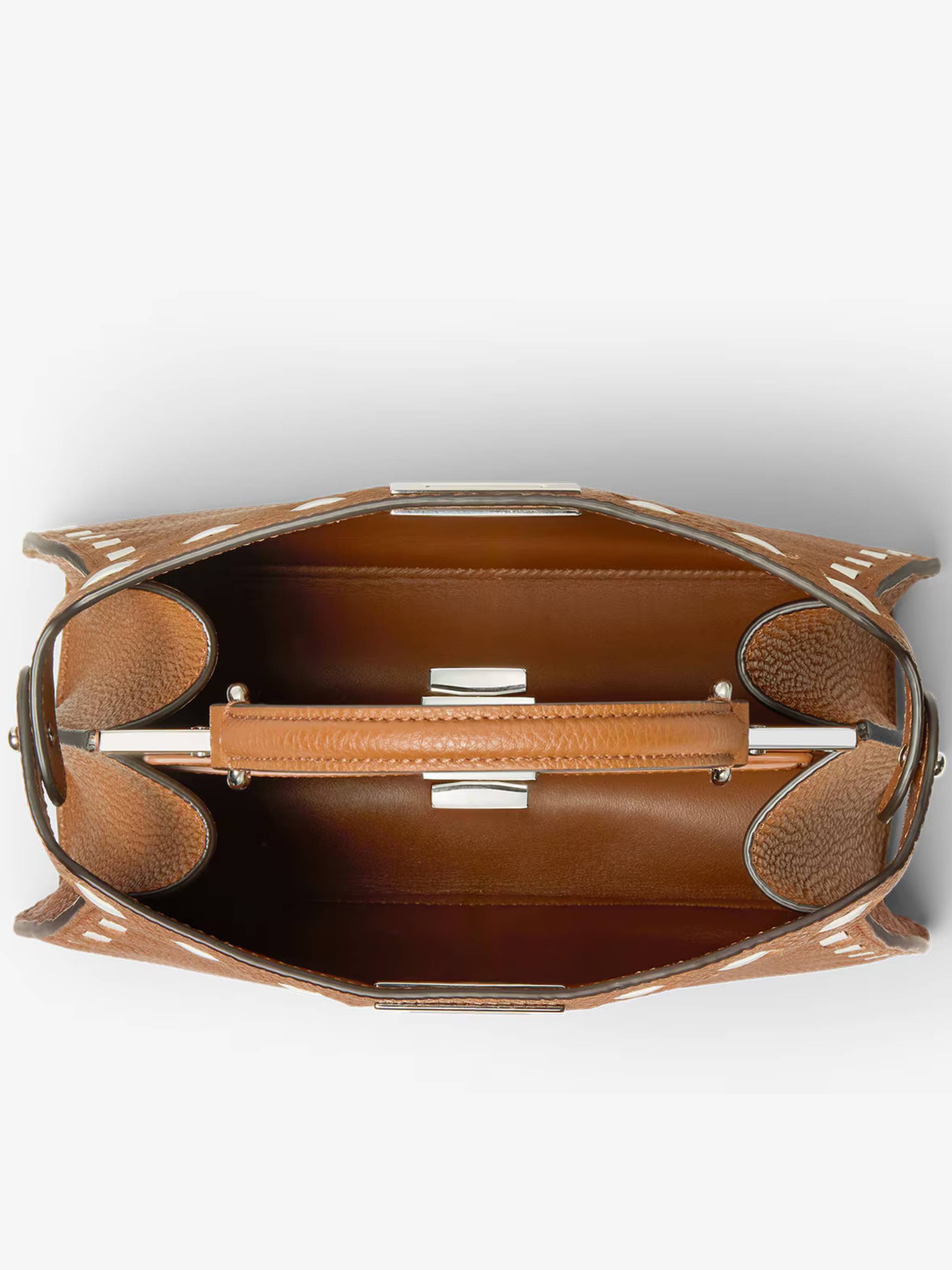 Trapezoidal Leather Handbag with Stitched Detailing and Silver-tone Closure