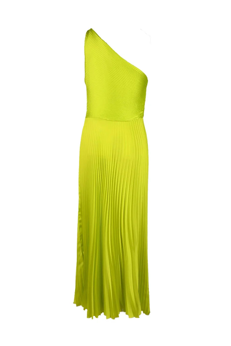 One-Shoulder Pleated Dress - Green
