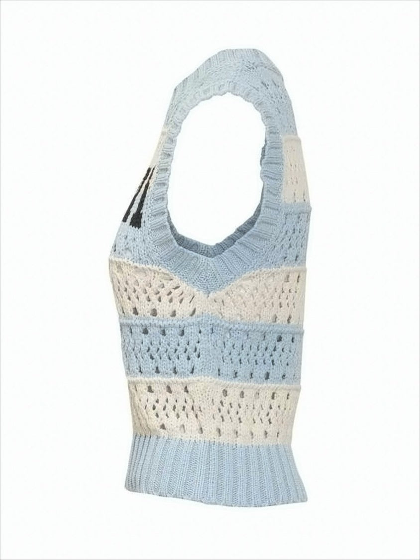 Crochet-Patterned Sleeveless Knit Vest With Bold Lettering