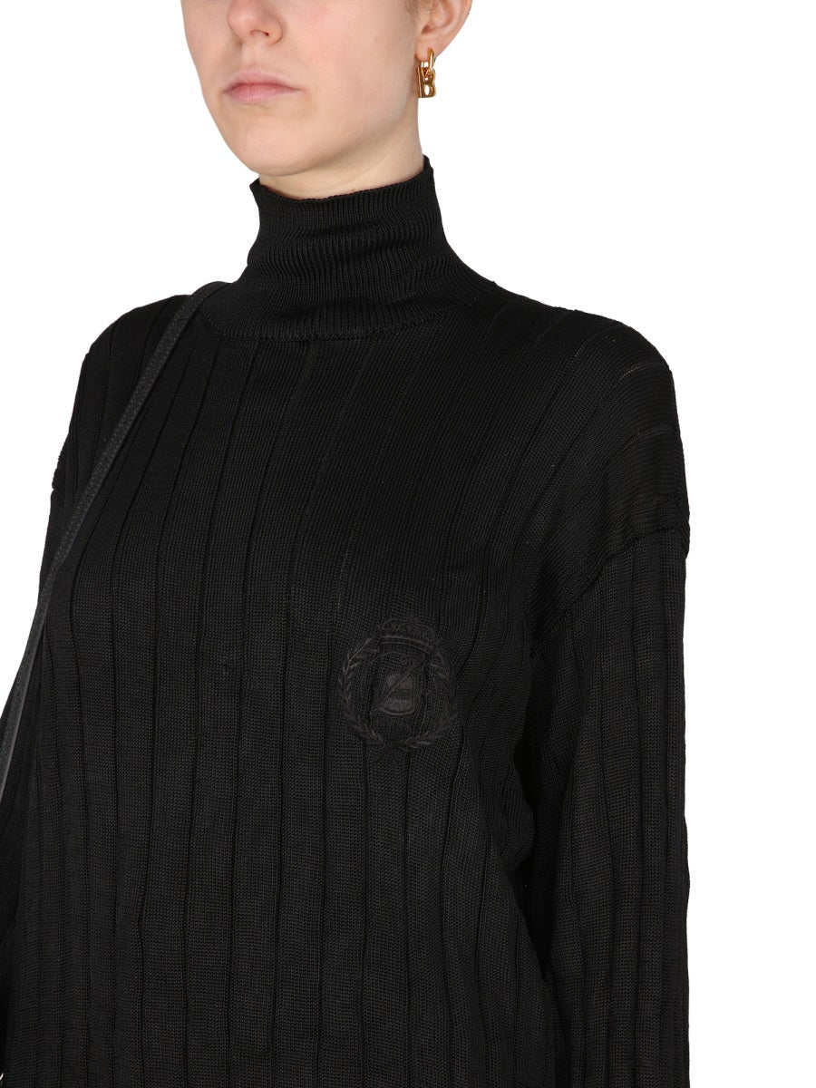 Ribbed Silk Knit Oversized Turtleneck Pullover