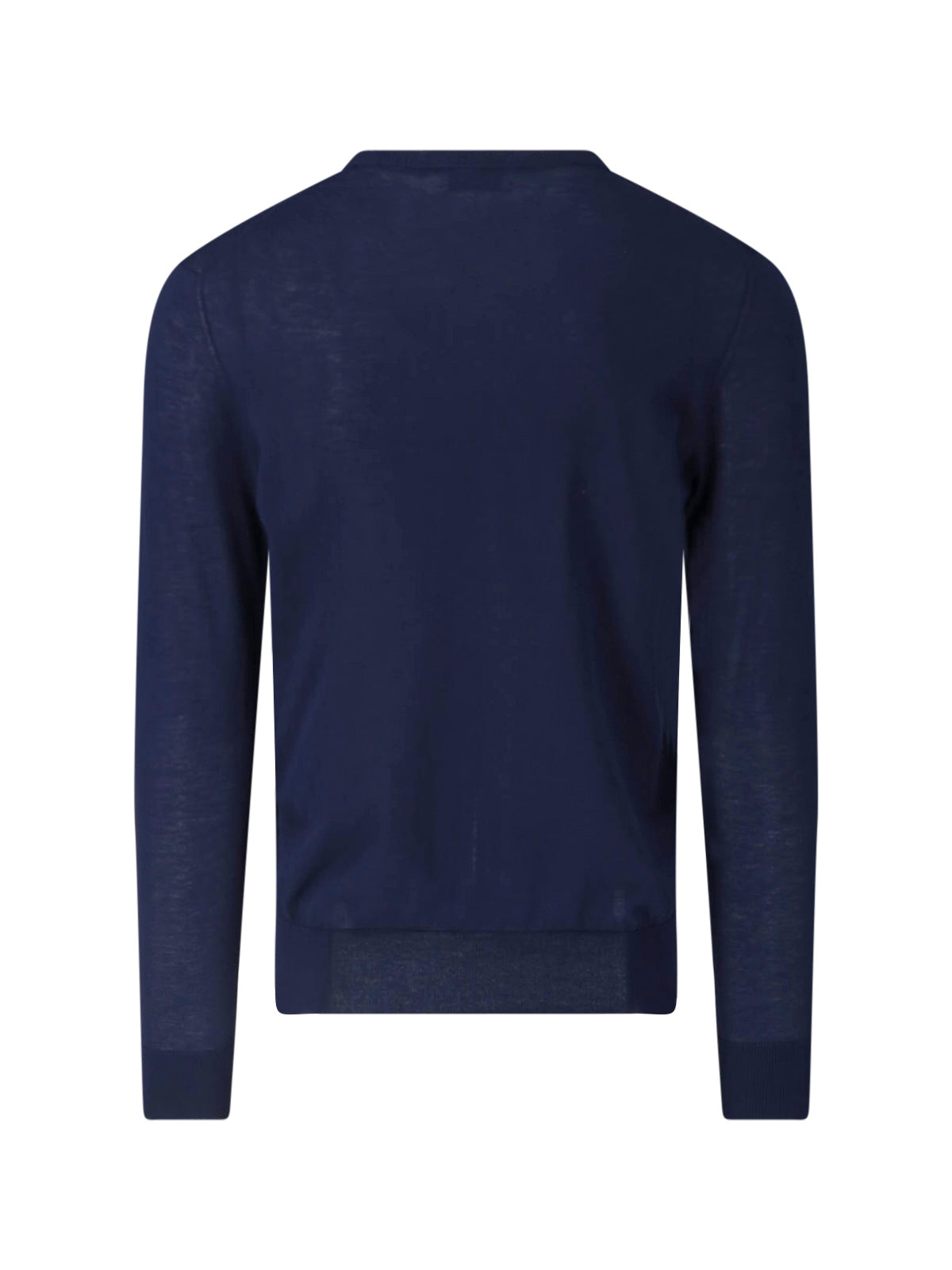 Blue Fine-Knit Ribbed Trim Crewneck Sweater
