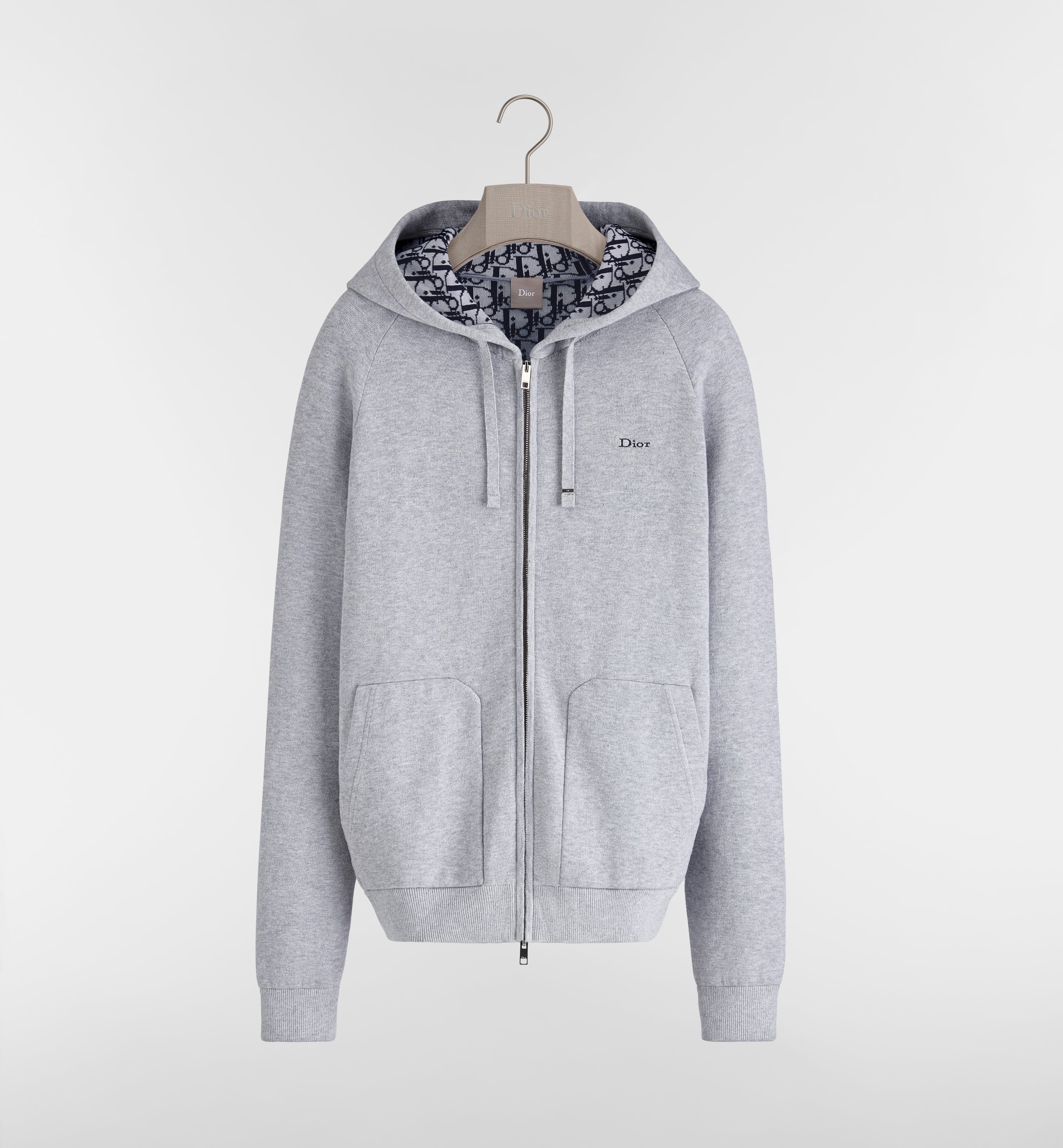 Light Grey Zip-Up Knit Top With Contrast Hood Lining