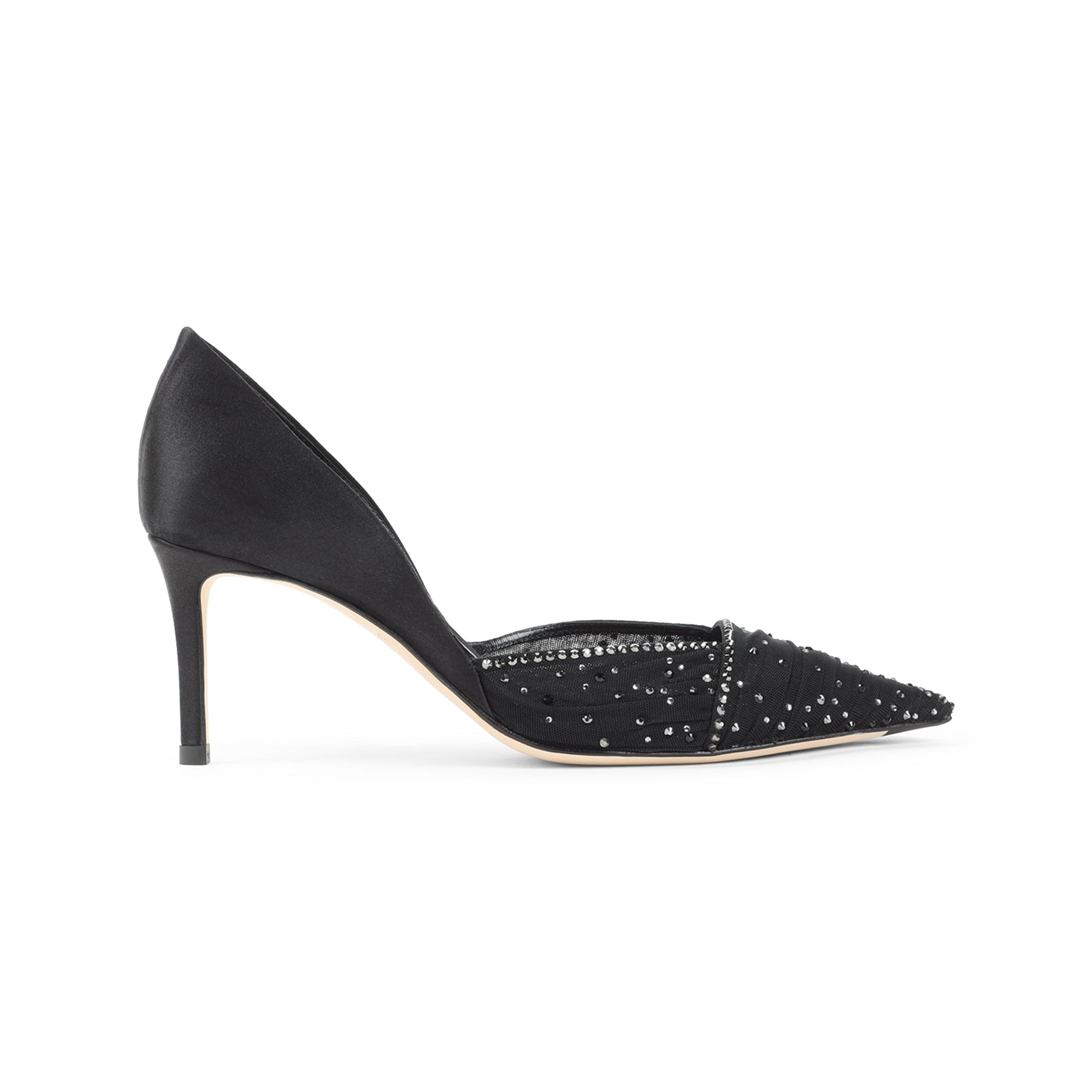 Pointed-Toe Black Pumps With Pleated Design And Sparkling Embellishments