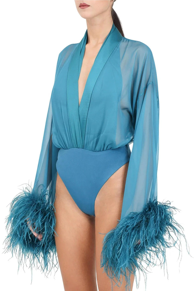 Deep V-Neck Bodysuit with Sheer Sleeves