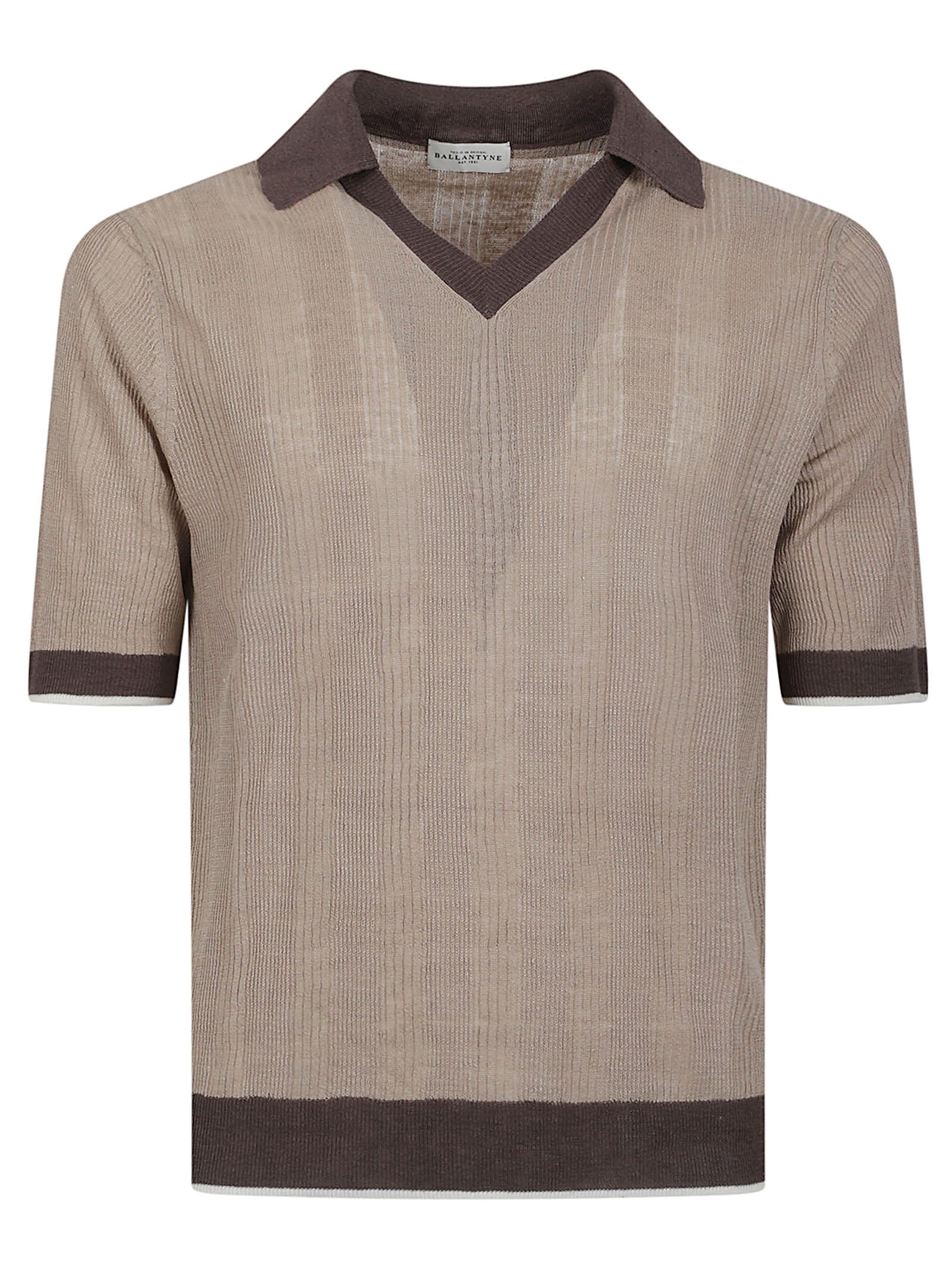 Ribbed Knit Top with Contrasting Collar and V-Neckline