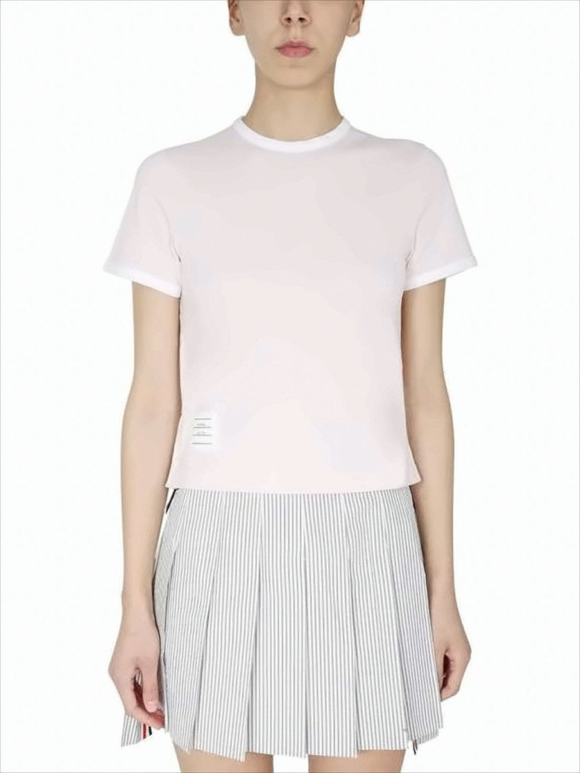 Light Pink Short-Sleeved T-Shirt with Trim and Striped Accents