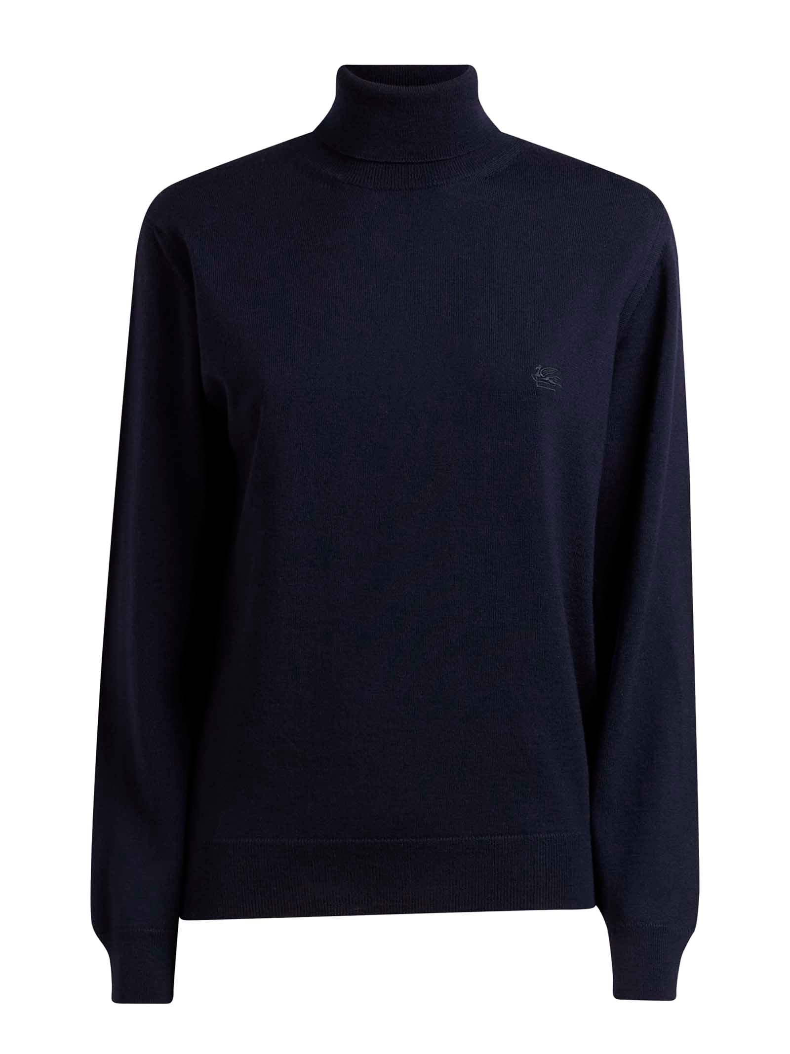 Navy Blue Turtleneck Sweater With Ribbed Trims