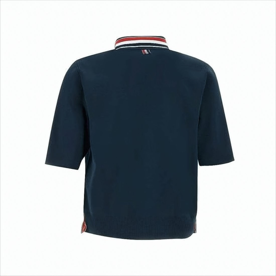 Navy Polo Shirt with Striped Collar and Side Button Details