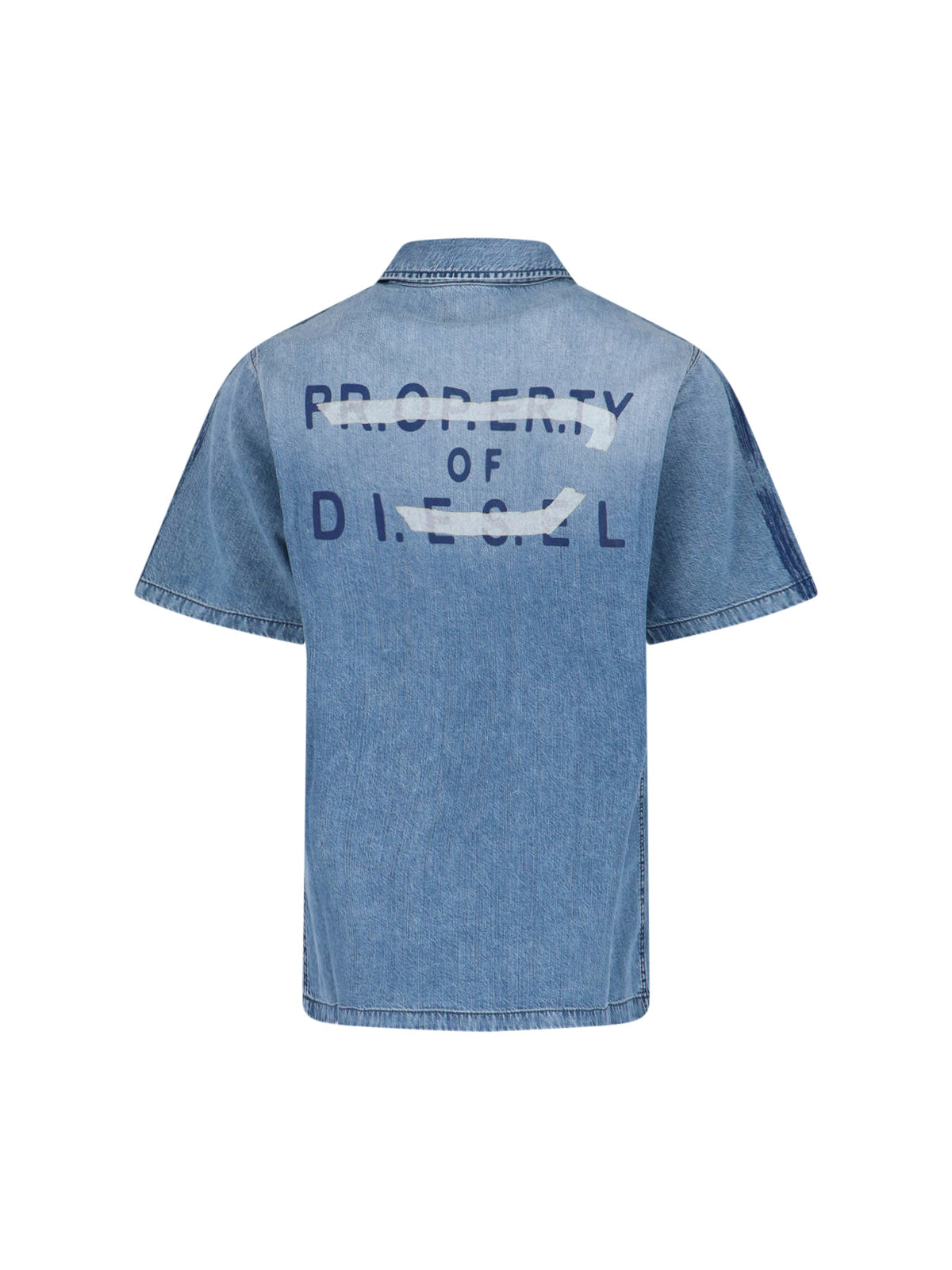 Short-Sleeved Denim Shirt With Classic Collar And Bold Back Print
