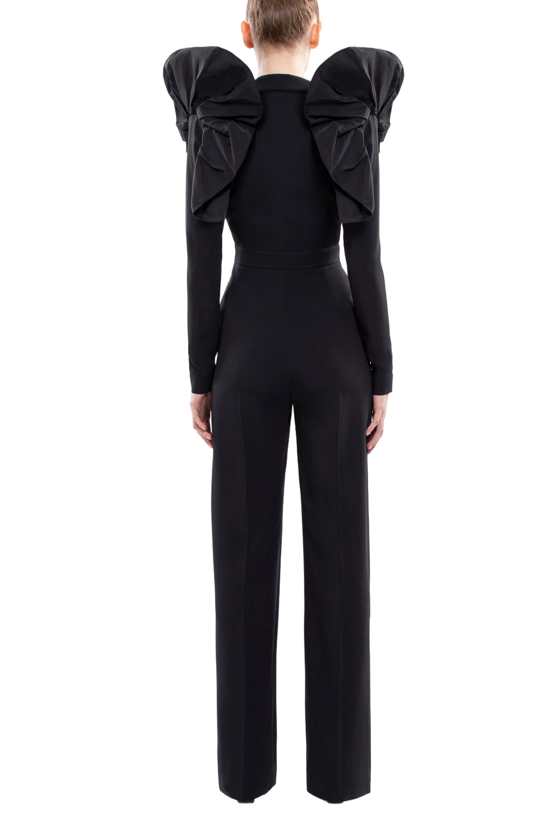 Asymmetrical Jet-Black Crepe Jumpsuit with Tailored Ruffles