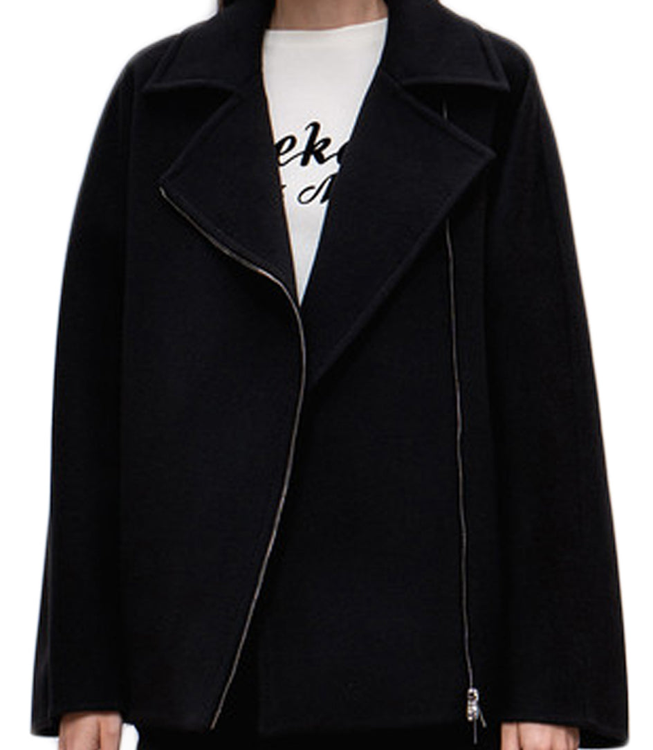 Asymmetrical Zip Black Wool Coat With Wide Lapels And Side Pockets