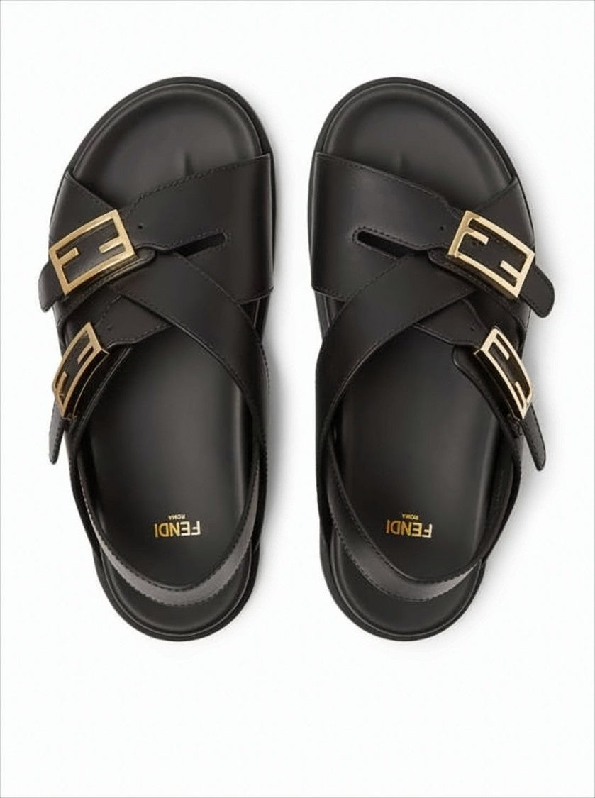 Black Leather Sandals With Gold-Tone Buckle Details