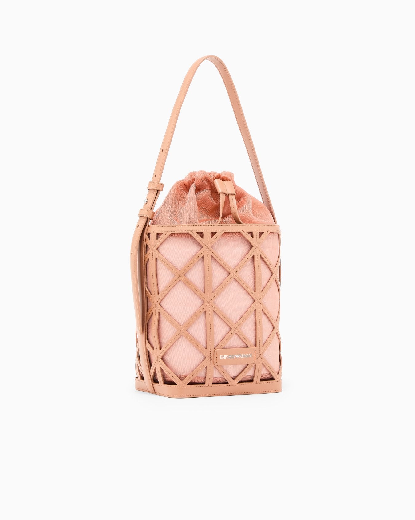 Mesh Leather Exterior Drawstring Bucket Bag