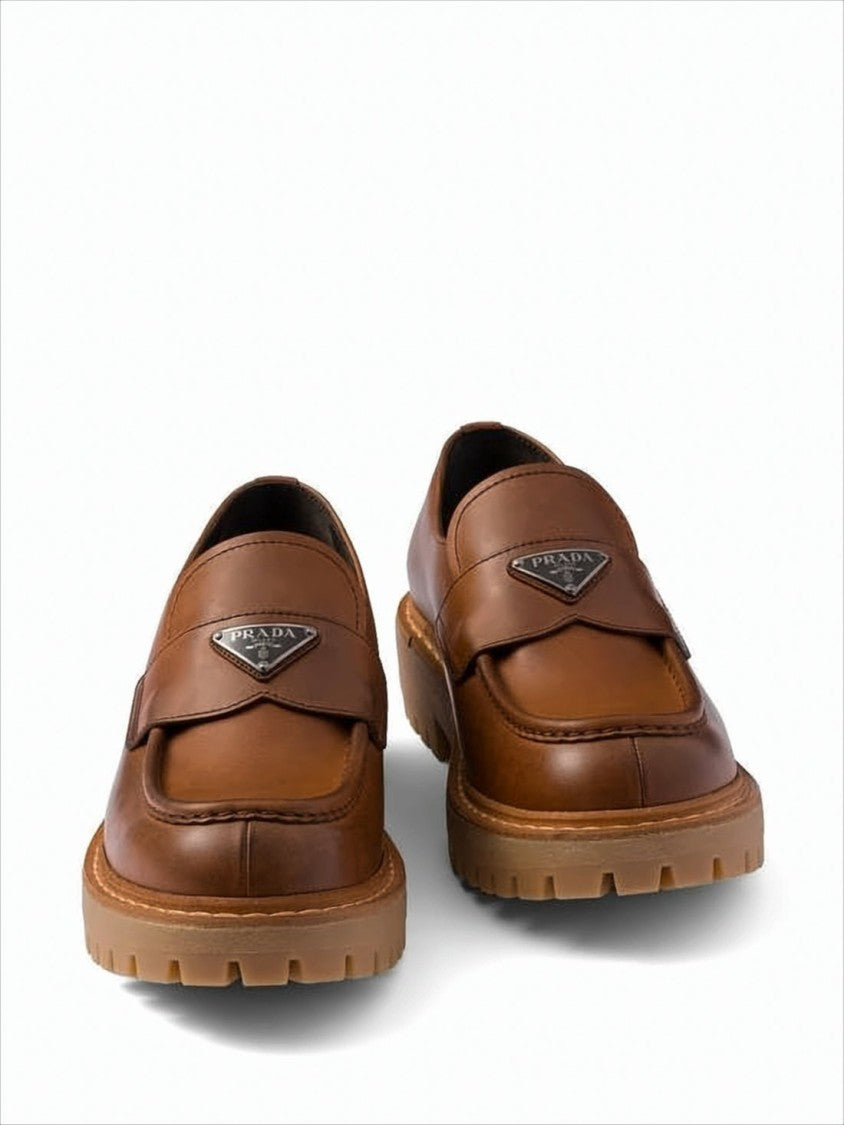 Polished Calf Leather Loafers with Triangular Logo Plaque
