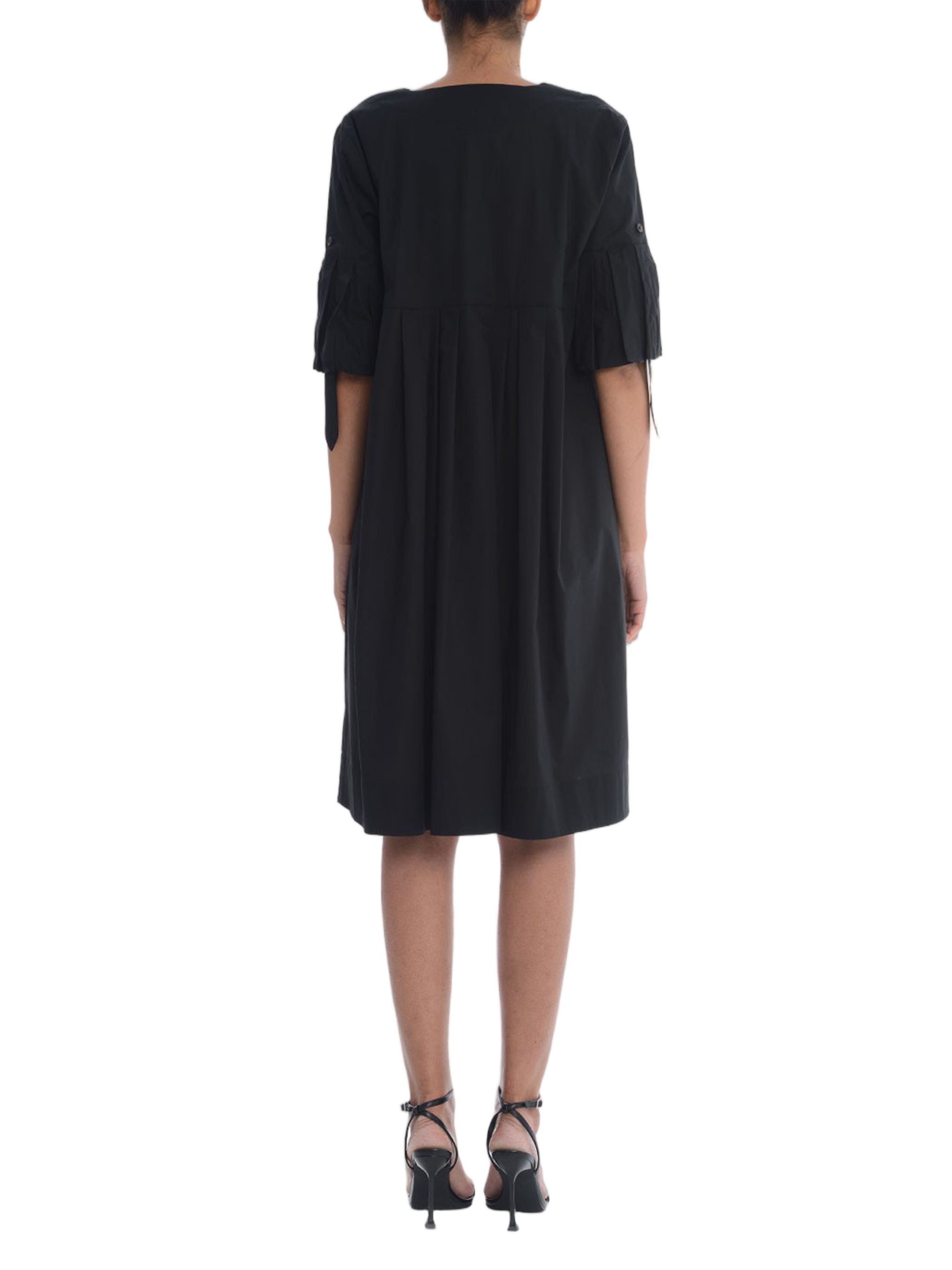 Knee-Length Black V-Neck Gathered Dress