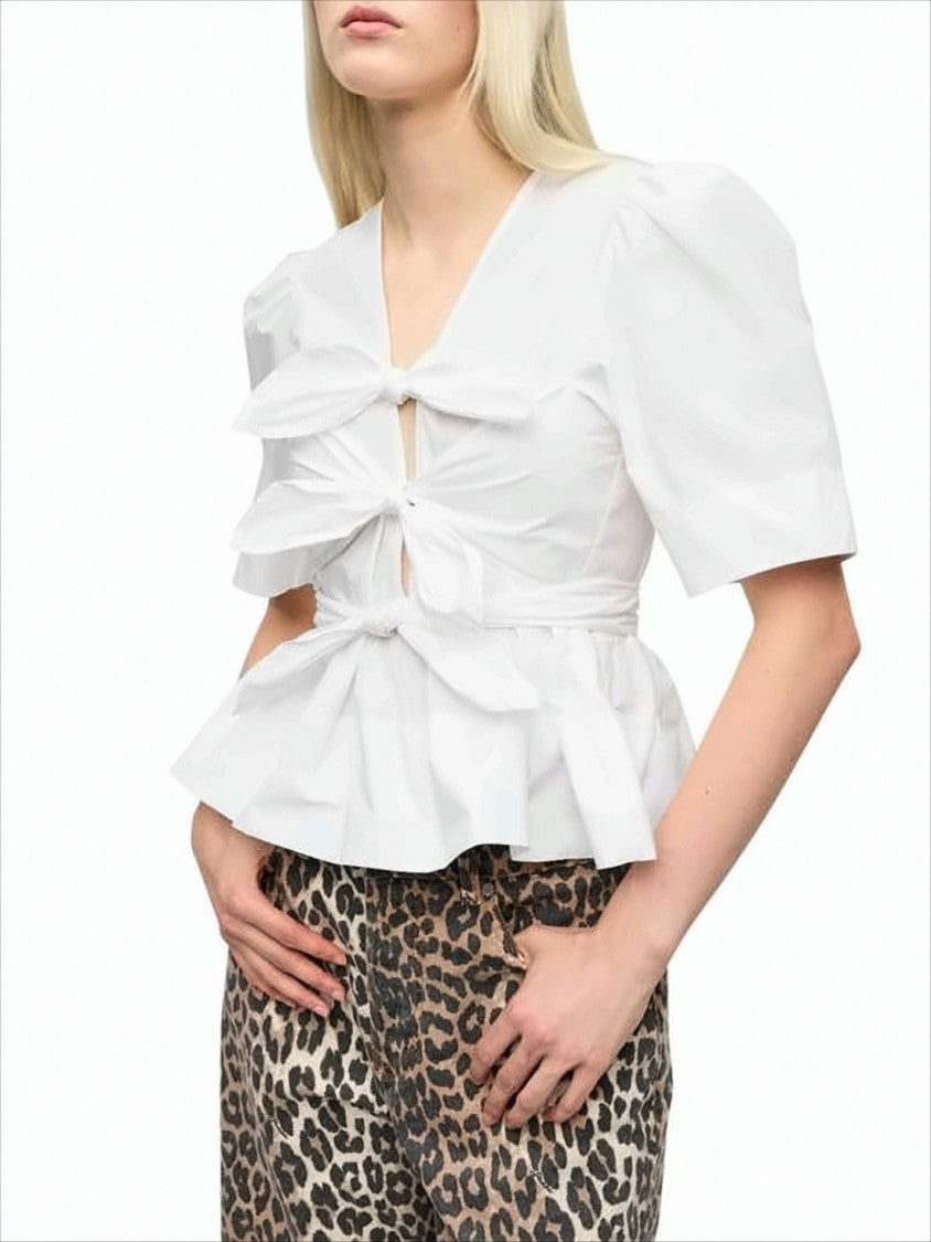White V-Neck Blouse With Bow Ties And Peplum Hem