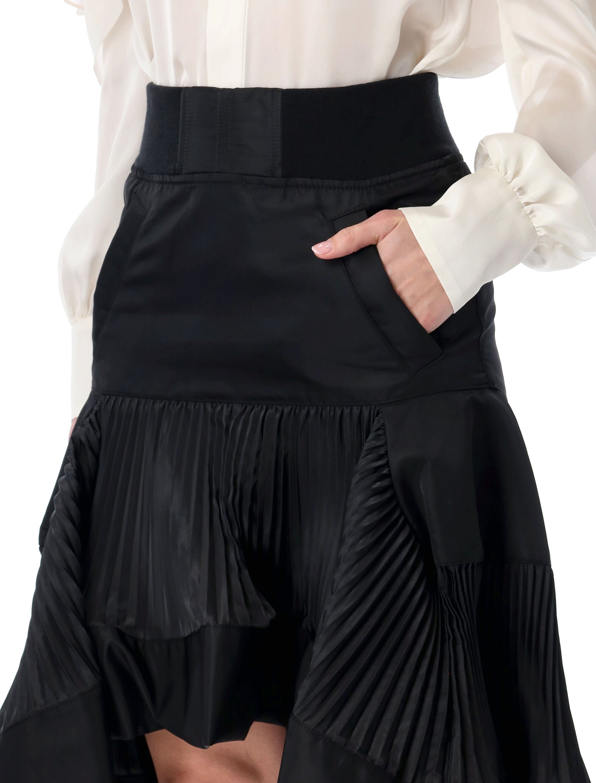Nylon Twill Midi Skirt With Pleated Inserts