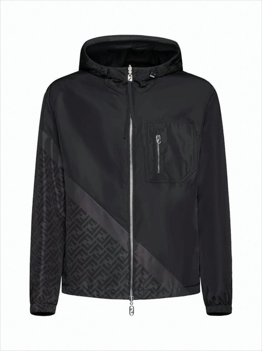 Hooded Black Jacket with Tonal Pattern