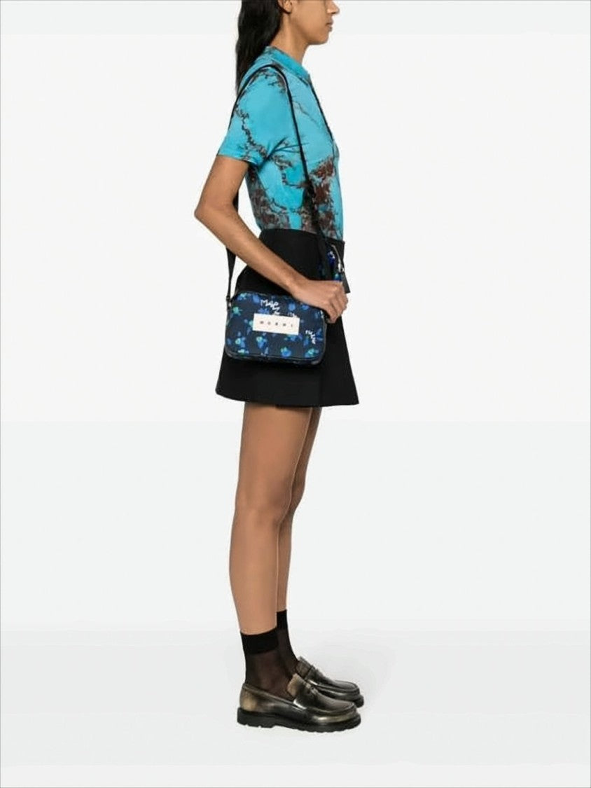 Rectangular Crossbody Bag with Floral Print and Leather Accents