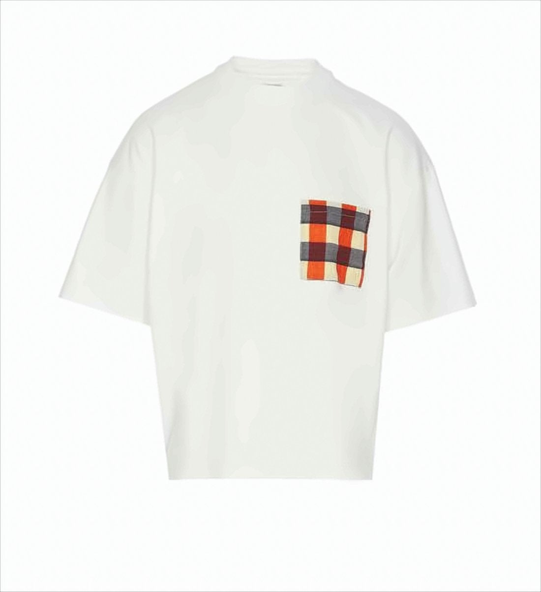 Checkered Patch Pocket White Cotton T-Shirt