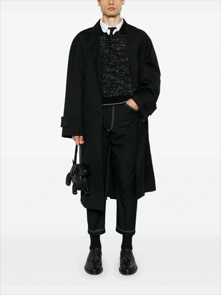 Long Black Wool Coat with Tailored Silhouette and Tricolor Accents