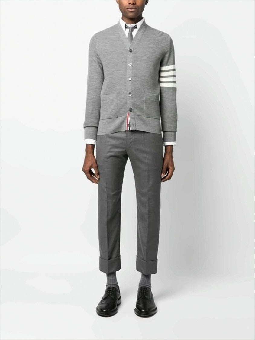 V-Neck Hand-Knitted Grey Wool Cardigan with Signature Stripes