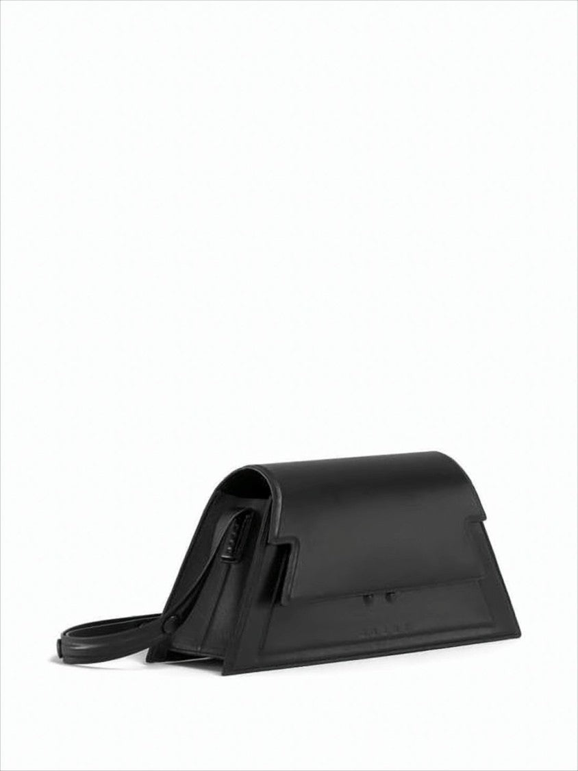 Trapezoidal Black Cowhide Leather Clutch with Detachable Strap
