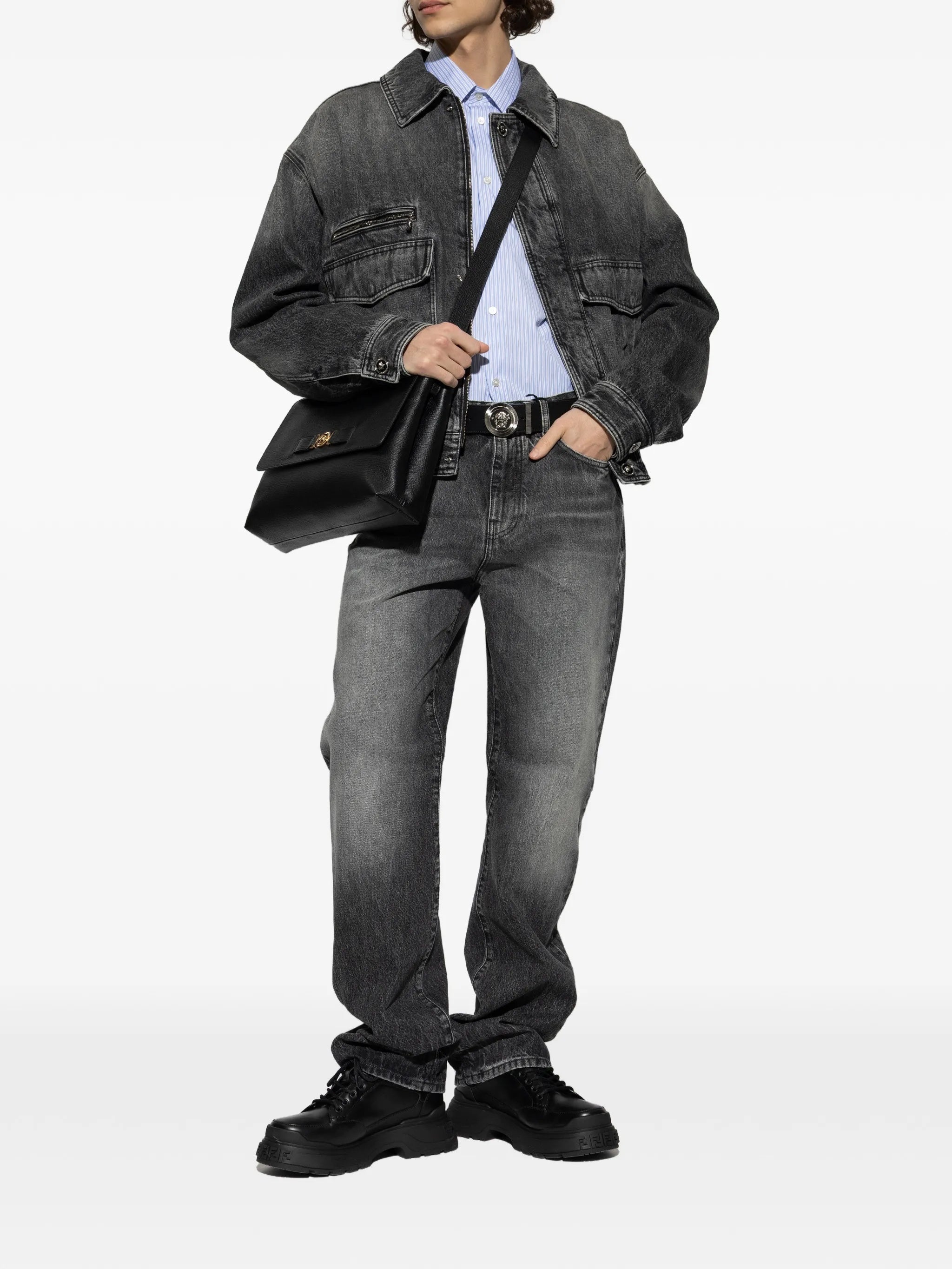 Black Blouson Denim Cropped Washed Jacket