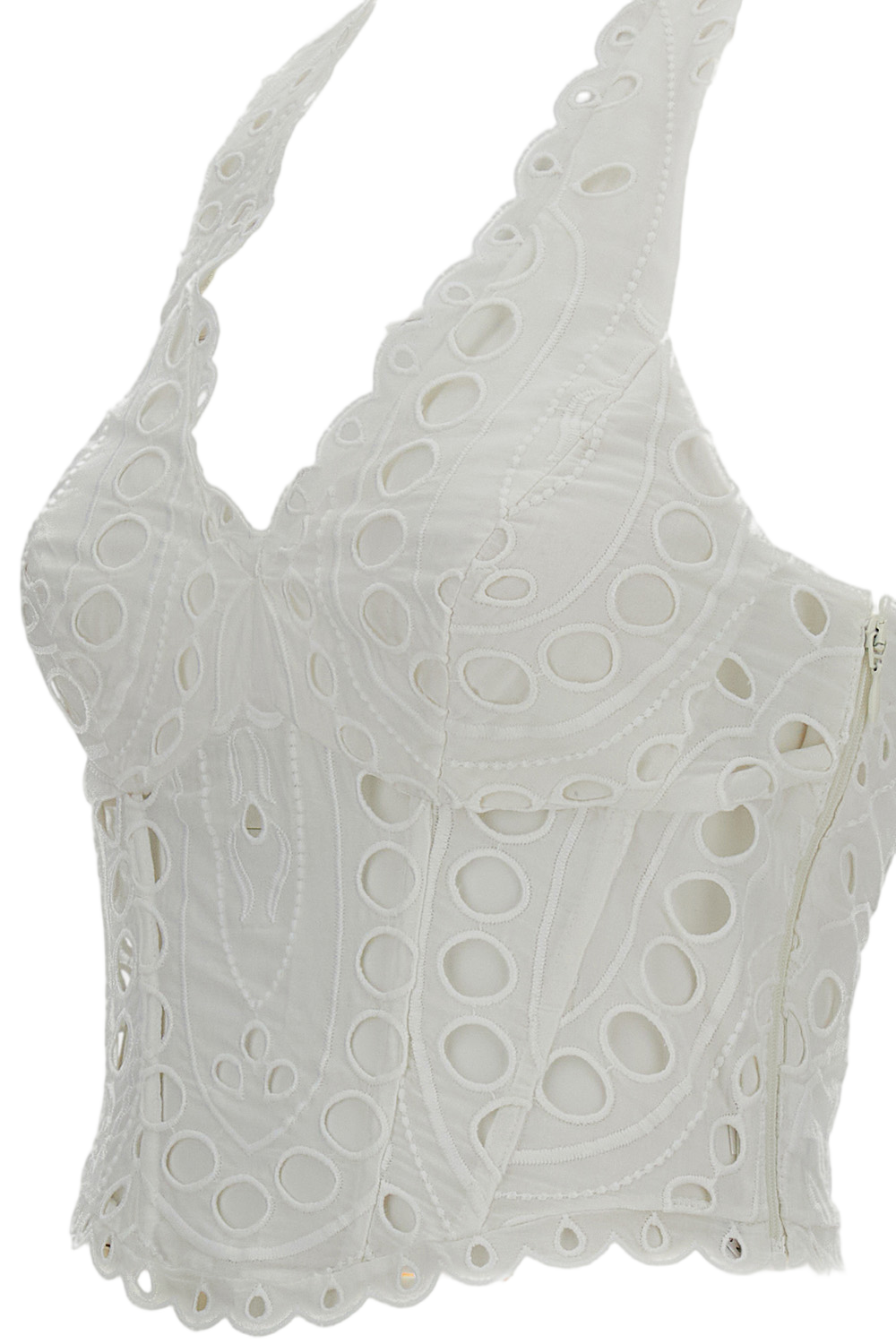 White Halter Eyelet Top With Smocked Back