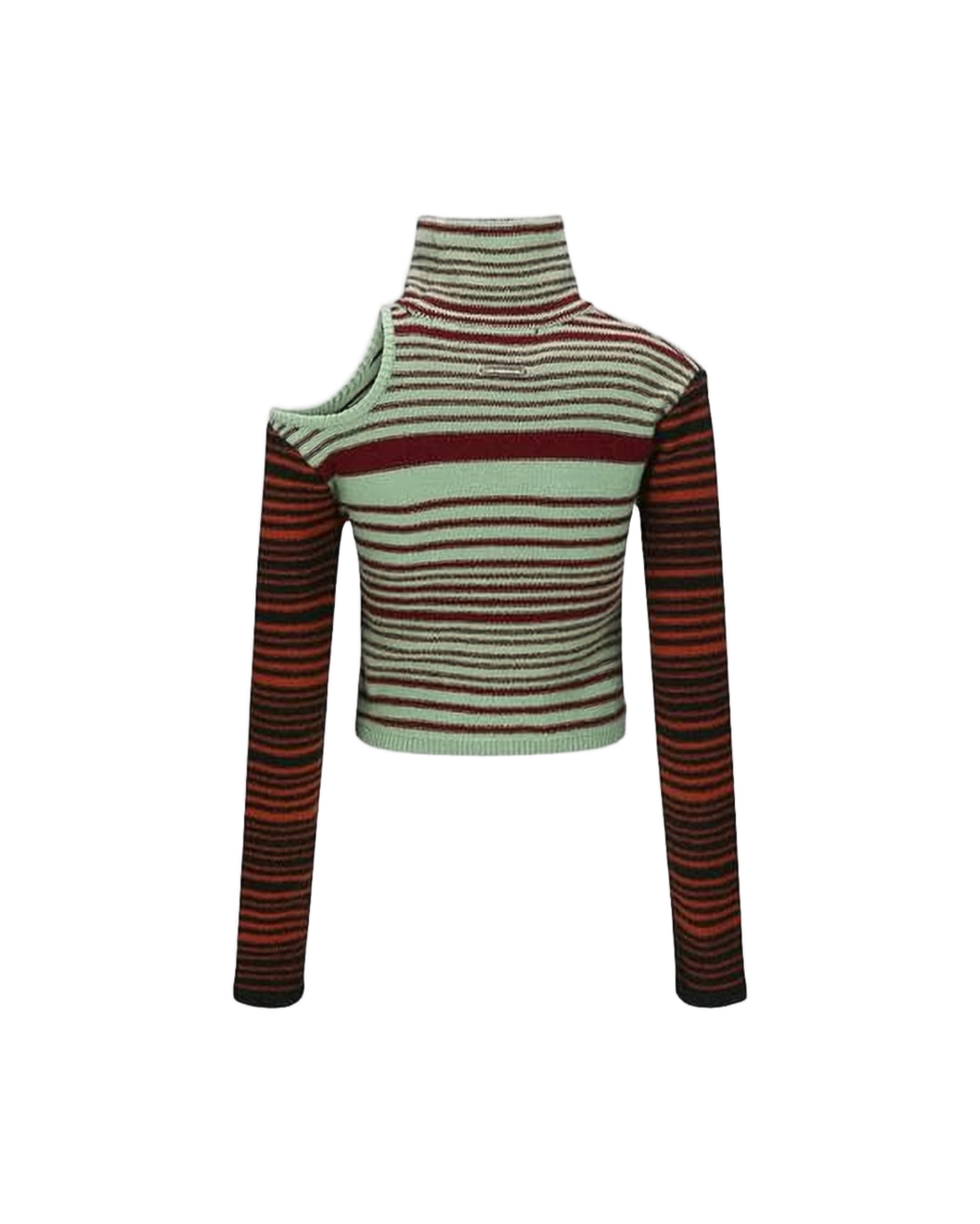Cropped Striped Turtleneck Sweater with Asymmetrical Cut-Out