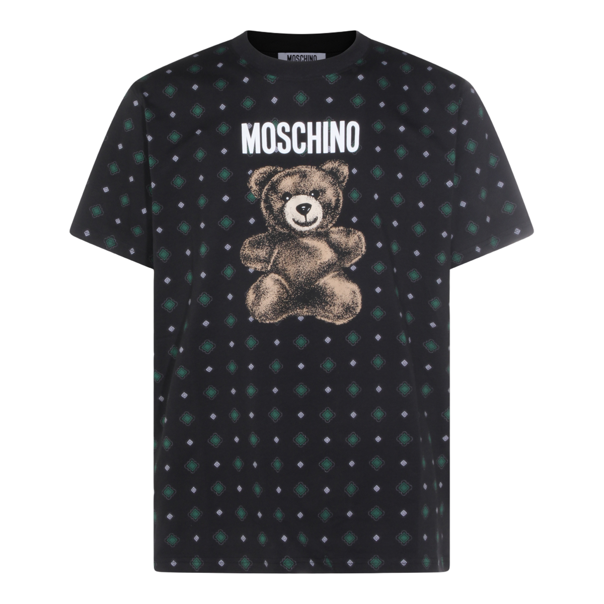 Short-Sleeve T-Shirt With Teddy Bear Graphic And Diamond Pattern