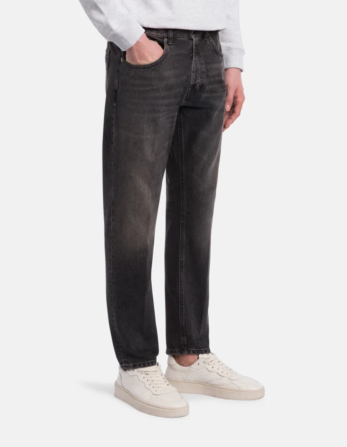 Faded Black Denim Jeans with Tapered Leg